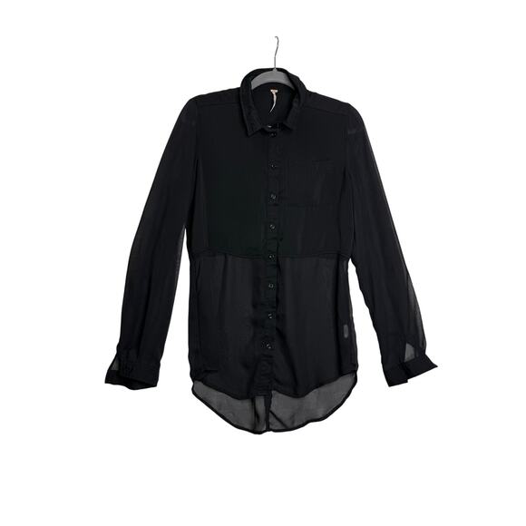 Free People Blouse Women's Medium Best of Both Worlds Sheer Black Button Front - Picture 1 of 5